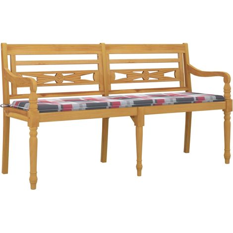Banc de jardin meuble de patio d'extérieur terrasse coussin à motif de carreaux rouges 150 cm bois teck