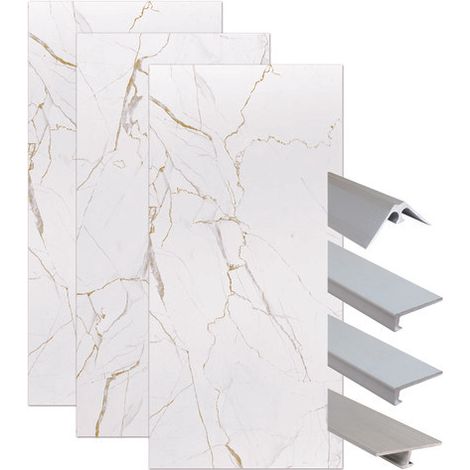 ONDEE ZEN - Pack complet de montage panneaux muraux Marbre Blanc 200 cm- Profilé chromé inclus (1/4)