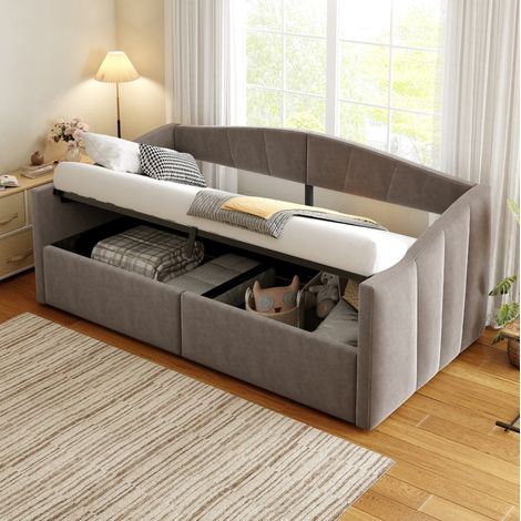 lit adulte canapé rangement simple 90x200 velours gris OKMYHOME (1/5)