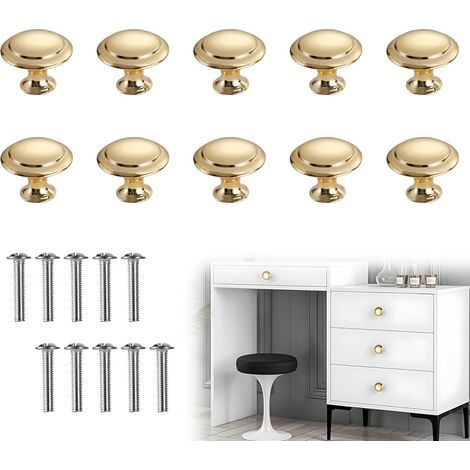 Lot de 10 boutons de meuble ronds de 30 mm pour placards, poignées de cuisine rondes avec vis pour tiroirs, armoires, portes et salles de bain (doré) (1/5)