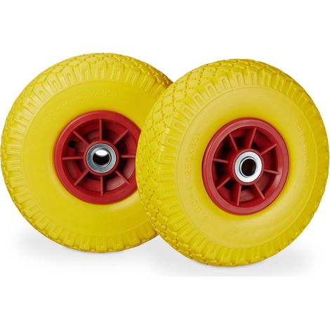 Roue de Diable, 2X Roue de brouette Caoutchouc, 3.00-4", 260 x 85 mm, pour axe de 20 mm, Jaune-Rouge (1/5)