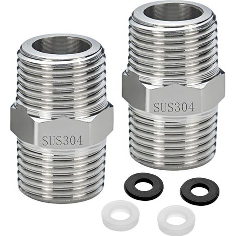 Rallonge de Connecteur de Tuyau, 2 Pièces - Mamelon Hexagonal en Acier Inoxydable Solide, Filetage Mâle,Raccord de Rallonge pour Jonction de Tuyaux de Douche, Robineterie et Plomberie (1/5)
