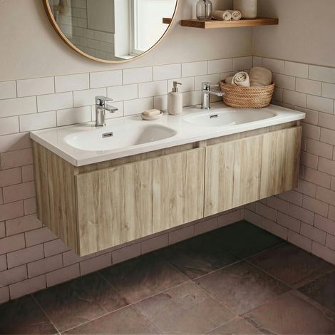 Meuble double vasque suspendu décor bois clair 2 tiroirs SELIA (1/4)