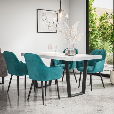 Aria Dining Table And Chairs - White Marble Effect Table Top w Black Legs + Anika Velvet Dining Chair Set Of 6 (Blue) (1/5)