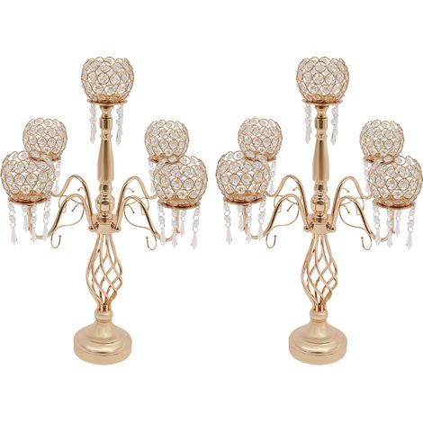 Lot de 2 bougeoirs chandeliers à 5 branches en métal doré avec boules et pendentifs en cristal, centre de table décoratif pour mariage, baptême, fête et réception (66cm haut) (1/5)