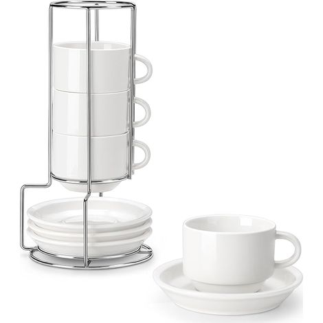 Tasses à Café, 270 ml, Service avec Soucoupe et Support en Métal, Expresso, Cappuccino, Latte, Moka et Thé, Blanc (1/5)