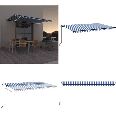 Auvent manuel rétractable avec LED 500x300 cm Bleu et blanc - Auvent Retractable - Store Extérieur - Parasol - Abri Soleil - Éclairage Led - Home & Living (1/5)