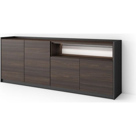 Skraut Home - Credenza, Mobile, Cucina, Madia, mobile ingresso, 207x37x80cm, 4 Porte, LED, Stile moderno, Rovere scuro e Nero (1/5)