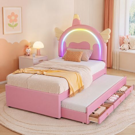 Lit enfant 90 x 200 cm en cuir régénéré rose et MDF, tête de lit licorne, lit gigogne coulissant avec tiroirs – de FLORAGRACE pour chambre d'enfant (1/5)