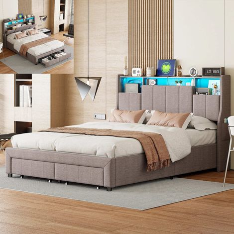 Lit double 140x200 avec 2 tiroirs,lits et cadre de lit pour adulte,Lit 140 x 200 avec sommier,Tête de lit Rangement,LED,USB,Lin Gris (1/5)