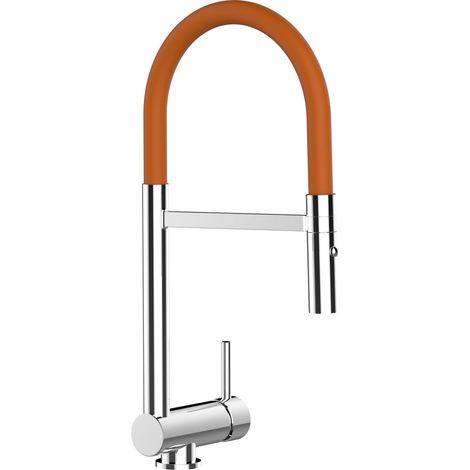 Rubinetto abbattibile miscelatore lavello fontana cucina VIZIO canna abbattibile 6 cm per sottofinestra - canna arancione movibile e doccia due getti staccabile (1/5)
