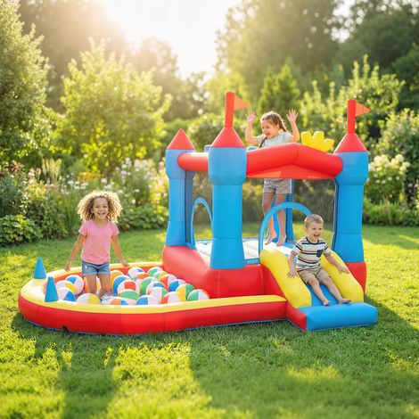 Château gonflable avec souffleur. aire de jeux gonflable avec toboggans. trampoline. piscine à balles. multicolore