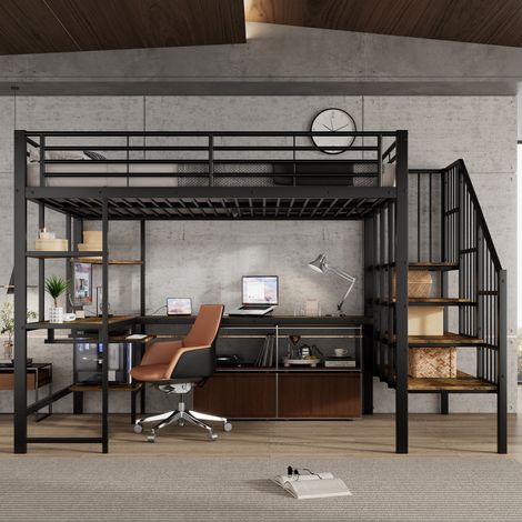 Lit mezzanine 120x200 cm en métal avec coin bureau, tablette clavier, rangements, escalier d'angle sécurisé, port de charge, MDF, noir et bois foncé (1/5)