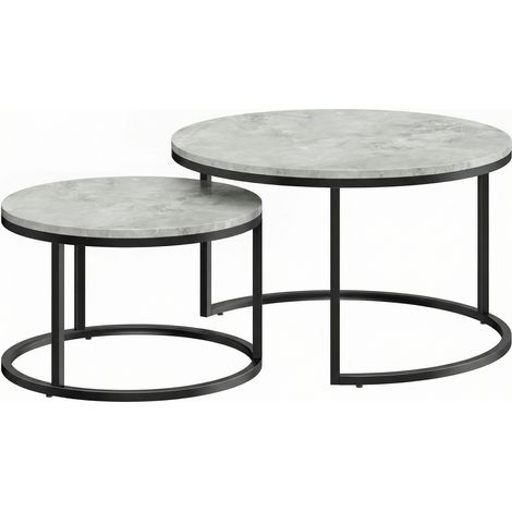 Set 2 Tavolini da Salotto Ø78,5x46,5 cm e Ø59x36,5 cm con Piano Effetto Marmo in Legno e Metallo Grigio Marmo (1/5)