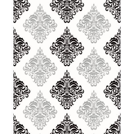 Barock Tapete EDEM 85024BR20 Vinyltapete glatt mit Ornamenten und metallischen Akzenten weiß schwarz silber 5,33 m2