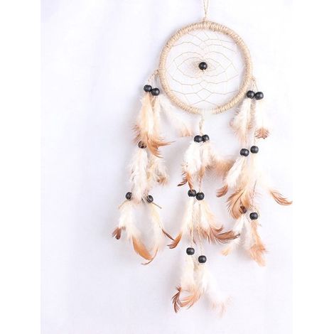 Attrape-rêves - Avec perles et plumes - Attrape-rêves fait main - Décoration à suspendre - Décoration intérieure - Décoration de voiture - Blanc - 11 x 45 cm - Fer/Plumes/Fil de coton blanc (1/5)