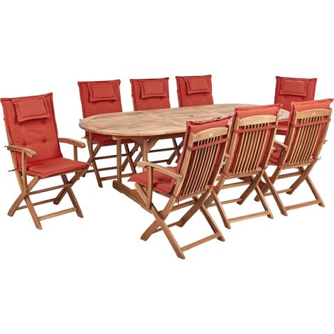 Ensemble de Jardin en Bois d'Acacia 8 Places Table et Chaises Pliantes avec Coussins Rouge Maui II (1/5)