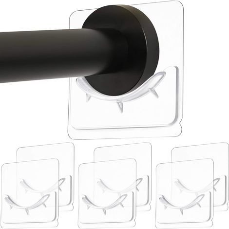 6-teiliges Set selbstklebender Wandhalterungen für Duschvorhangstangen, Montage ohne Bohren, transparent (Duschvorhangstange nicht enthalten), silberfarben (1/5)