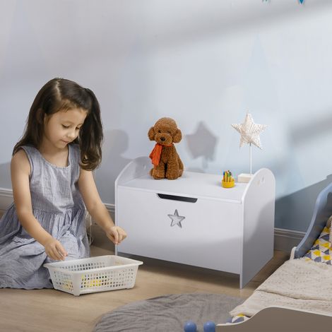 Boîte à jouets - en bois blanc - pour enfants (62x40x46,5 cm) - avec charnières de sécurité