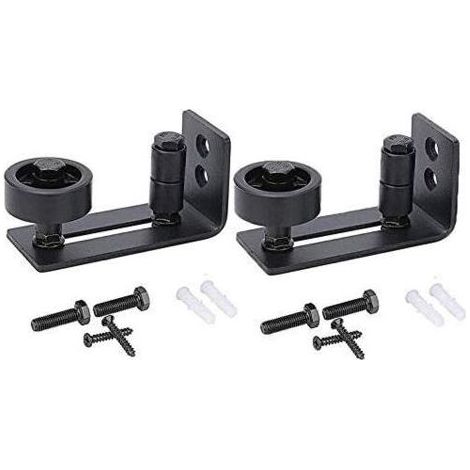 Guide de porte coulissante robuste pour porte de grange, butée 8 en 1 en acier au carbone noir design de fond encastré, panneau de sol et de porte, rouleau réglable, système de fixation murale (1/4)