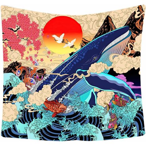 BRAVIX Tapisserie Vague Mer Koi Tapisserie Murale Grande Baleine Animal Coucher Du Soleil Paysage Tapisserie Tenture Murale Décoration Pour Chambre Salon(Vague, 150cm x 200cm)couleur (1/5)