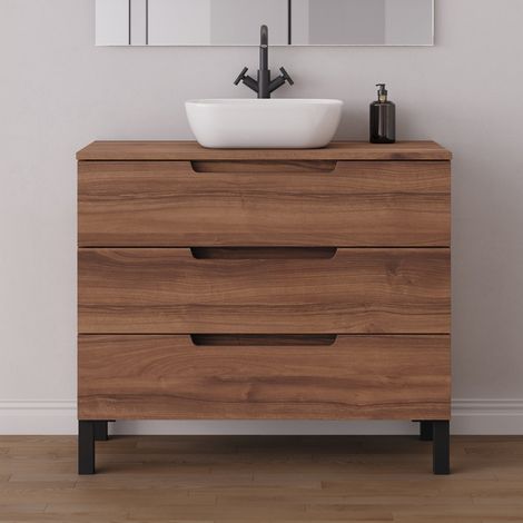 Meuble de salle de bain 100cm avec plateau et vasque à poser arrondie - 3 tiroirs - sans miroir - noyer (bois foncé) - RIZA (1/5)