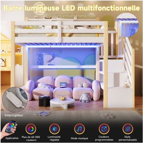 Lit Mezzanine Enfant 90x200cm avec bande LED et escalier - Lit Mezzanine - Bois massif blanc naturel, très grand espace de rangement (1/5)