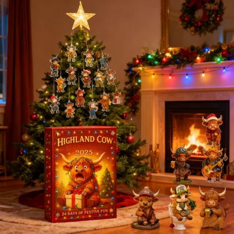 Calendario dell'Avvento 2025 Highland Cow, 2D Highland Cow 2025, decorazioni per bovini, calendario natalizio per la casa, decorazione natalizia, 26 x 18 x 4 cm (1/4)