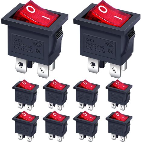 Wippschalter – 10 Stück – Nylon und Messing – Rote LED, 6 A, 250 V – Auto und Haushaltsgeräte – Schwarz (1/5)