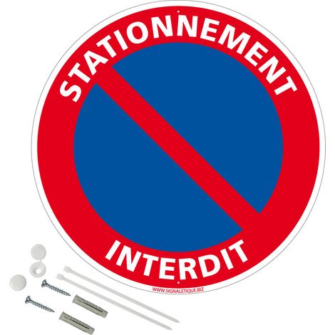 Panneau de signalisation rétro réfléchissant rond prépercé PVC ou ALU diam 250mm ou 300mm + Kit de fixation pour pose facile, rapide - Stationnement interdit - Plastique PVC 1 mm - Rétroréfléchissant  (1/5)