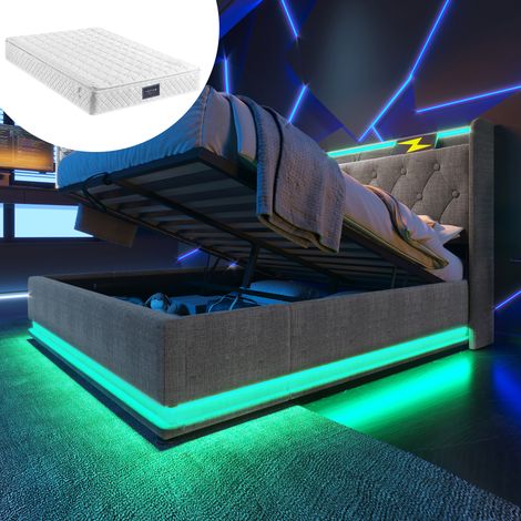 Letto contenitore 140x200 cm, letto matrimoniale imbottito con LED e ricarica USB Type-C, in lino, grigio, senza rete a doghe, materasso incluso (1/5)