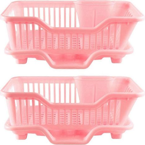 2X Environmental Plastic Kitchen Sink Dish Drainer Set Rack Washing Holder Basket Tray, Approx 17.5 x 9.5 x 7INCH (Pink) (1/5)