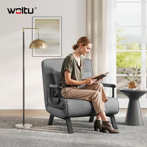 WOLTU Schlafsessel 3 in 1, Bettfunktion mit Armlehne, Klappsessel Gästebett mit Verstellbarer Rückenlehne, abnembarem Kissen, Metallrahmen Leinen, 80 x 82 x 74 cm, Dunkelgrau