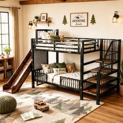Letto a soppalco in metallo per bambini con scivolo e scaletta contenitore 90200CM, struttura letto a castello con cancelletto di sicurezza, mensole integrate, letto salvaspazio per camerette di bambi (1/5)