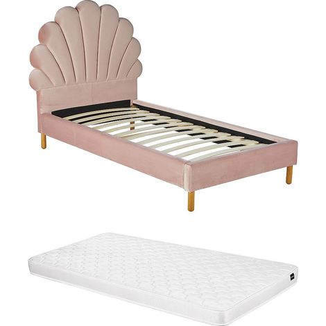 Vente-Unique – Lit coquillage 90 x 190 cm – Velours rose poudré – Avec sommier à lattes – Structure MDF – Éco-responsable Good for Planet