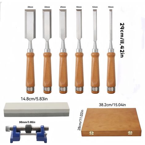 Coffret Ciseaux à Bois Haut de Gamme en Boîte en Bois, Lot de 6 Ciseaux avec Pierre à Aiguiser et Support d’Affûtage pour Menuiserie Bricolage (1/5)