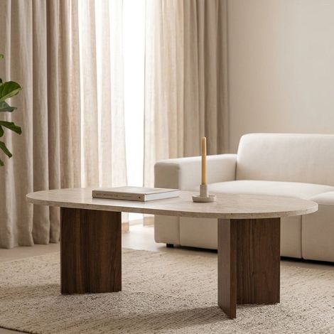 Ovaler Couchtisch aus Walnuss-Travertin Melamin - Japandi -
