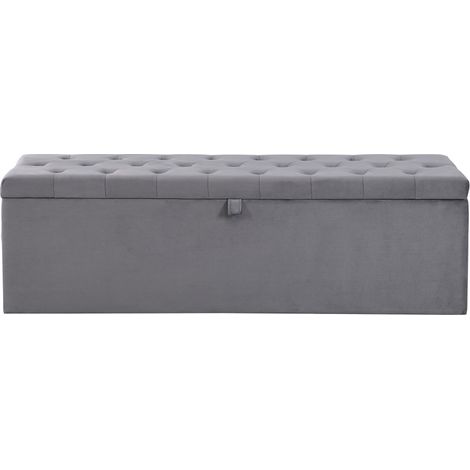 Banc de Rangement Velours Gris avec Coussin et Repose-Pieds Intégré-138x41x42(cm) (1/5)