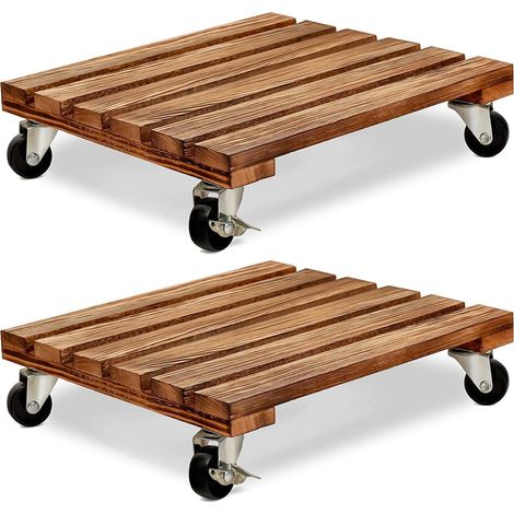 APEX Lot de 2 chariots à plantes à roulettes, carrés, en bois, pour pots de 30 cm de côté. Roue avec frein en métal. (1/5)