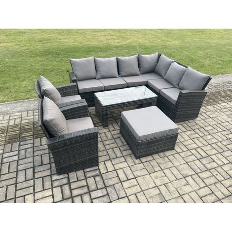 Fimous Rattan Corner Sofa Garden Furniture Set with Big Footstool Rectangular Coffee Table 2 Armchairs with Cushion Dark Grey Mixed (1/5)
