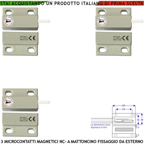Contatto Magnetico NC Micro Bianco 3 Pezzi Allarme Per Infissi Tensione Max 100 V Corrente 1 A Contenitori con Fori di Fissaggio Reed in Ampolla Sottovuoto Sensibilità Magnetica 10 mm IP65 4 Fili (1/2)