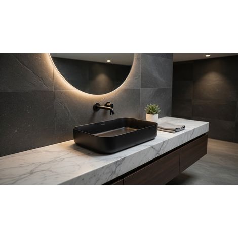 Lavabo rettangolare da appoggio senza troppo pieno in ceramica senza foro rubinetto - Nero Opaco