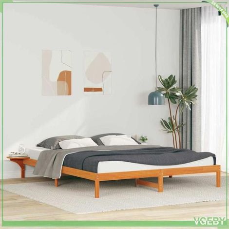 Cadre de lit - ABI - Brun cire - Pin massif - 200 x 220 cm avec tables de chevet intégrées (1/5)