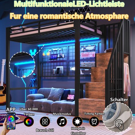 Lit superposé 90x200cm, cadre en métal robuste, avec armoire intégrée, échelle de rangement, grille suspendue, espace libre sous le lit, LED 7 couleurs, sans matelas, noir (1/5)