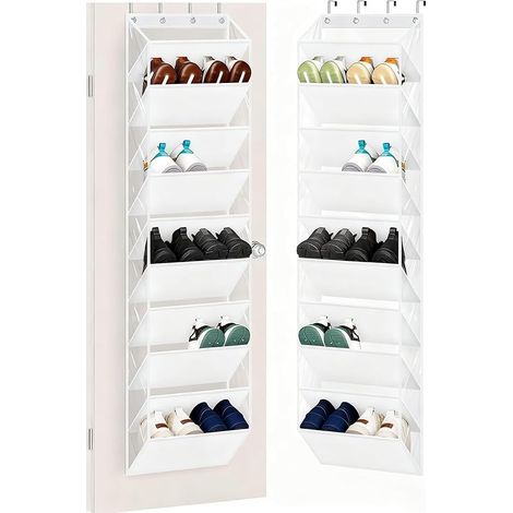 Étagère à chaussures à 10 niveaux, à suspendre, avec poches profondes transparentes, grande porte, pour 20 paires, rangement de chaussures pour baskets et bottes, blanc (1/5)