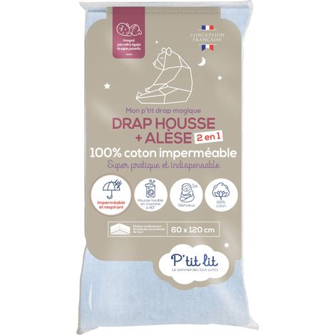 P'tit lit - Protège Matelas Bébé 2 en 1 Alèse + Drap Housse 70x140 cm Imperméable - 100% Coton - Souple et Silencieux - Respirant - Oeko Tex® - Gris (1/5)