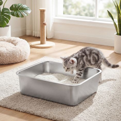 Bac à Litière pour Chats en Acier Inoxydable, Ouvert, pour Petits Chats, 45 x 35 x 15 cm, Argent (1/5)