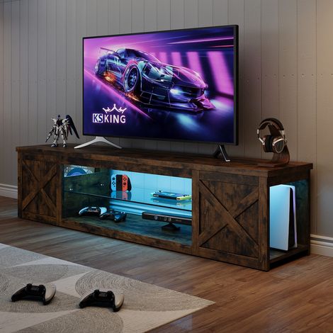 Meuble TV LED 148 cm PATBRELA - RGB APP, Style Industriel, Étagère Réglable, Rangement, TV jusqu'à 80 Pouces - Coloris Noyer (1/5)