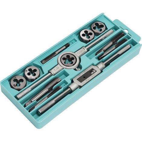 Juego de 12 machos y terrajas de acero al carbono, herramientas manuales, macho métrico, escariador recto, llave para machos ajustable. (1/4)