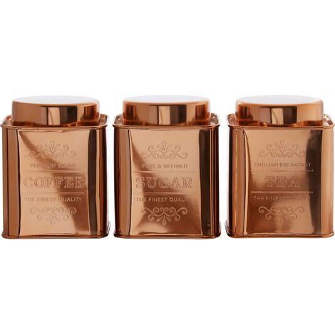 Premier Housewares Set Of 3 Copper Finish Storage Canisters Tea Coffee Sugar Set Kitchen Storage Jars Canister For Sugar Coffee Tea Warm Metallic Airtight Containers 10 x 13 x 30 (1/4)